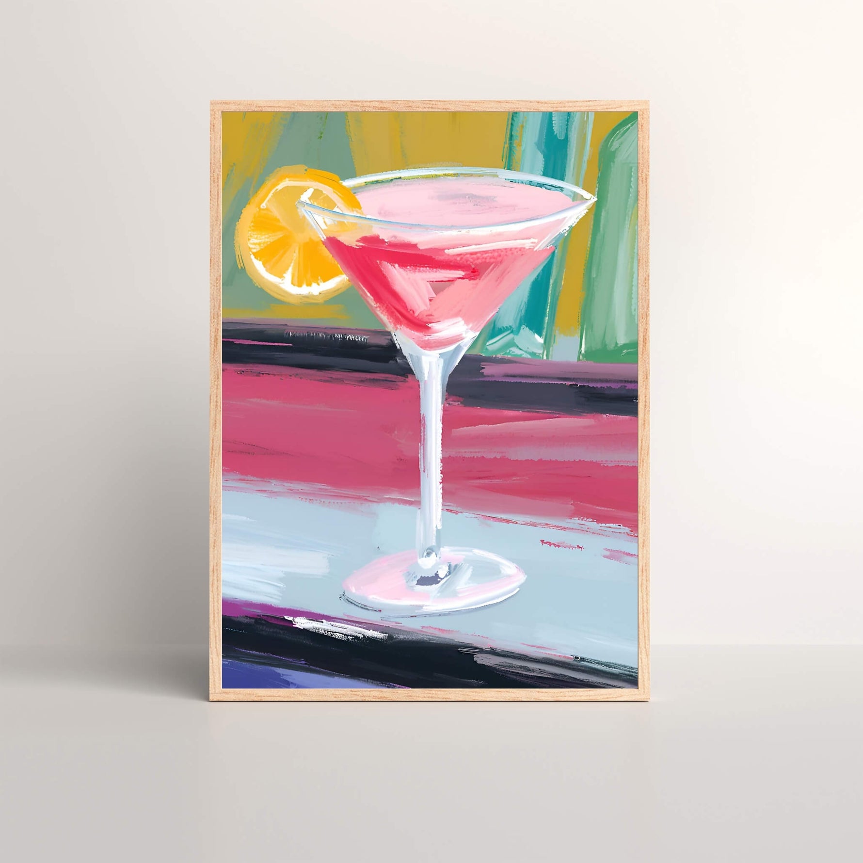 a blood orange martini paper print in a oak picture frame