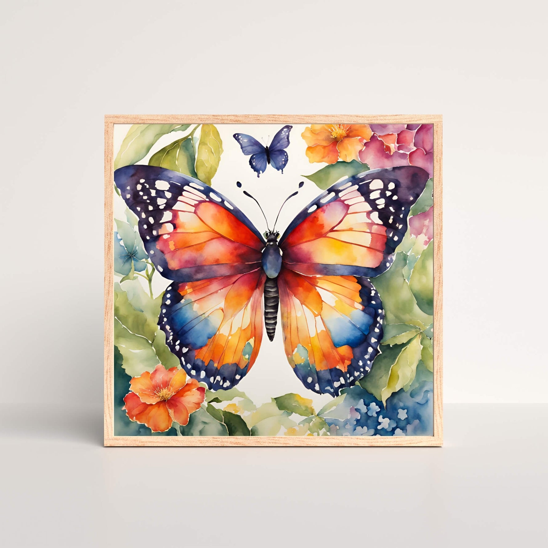 Vibrant colorful butterfly watercolor paper print, framed in a oak picture frame