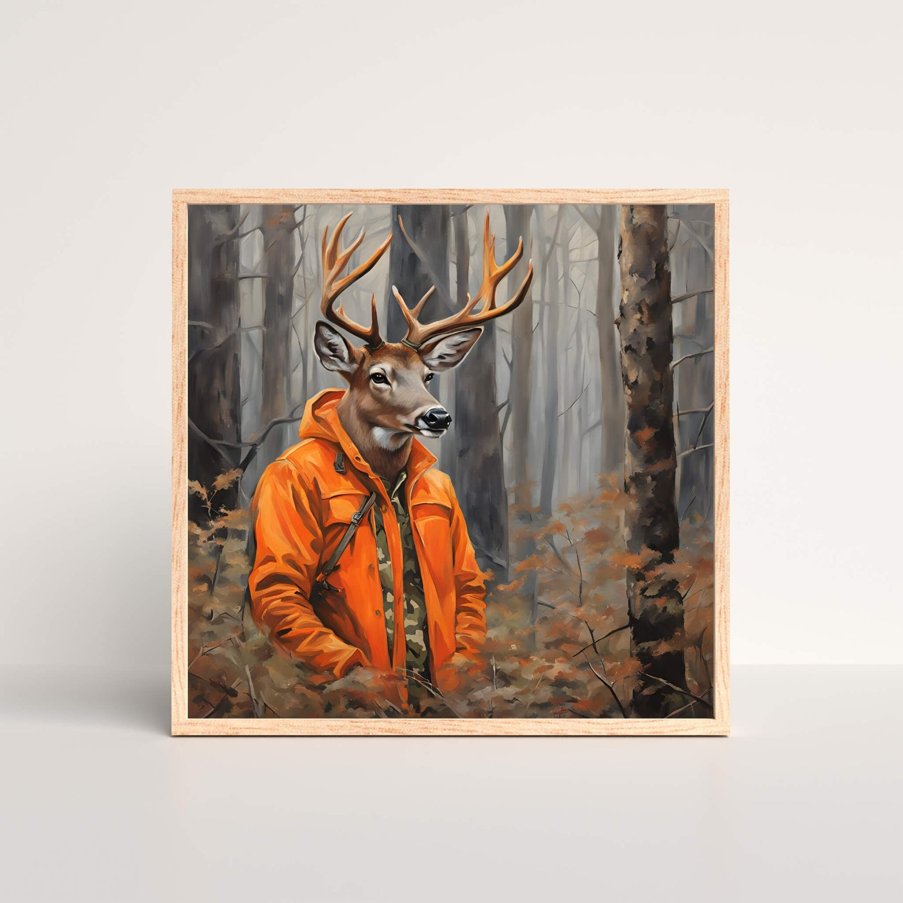 a deer with it's hands in it's pocket in the middle of the woods framed art print