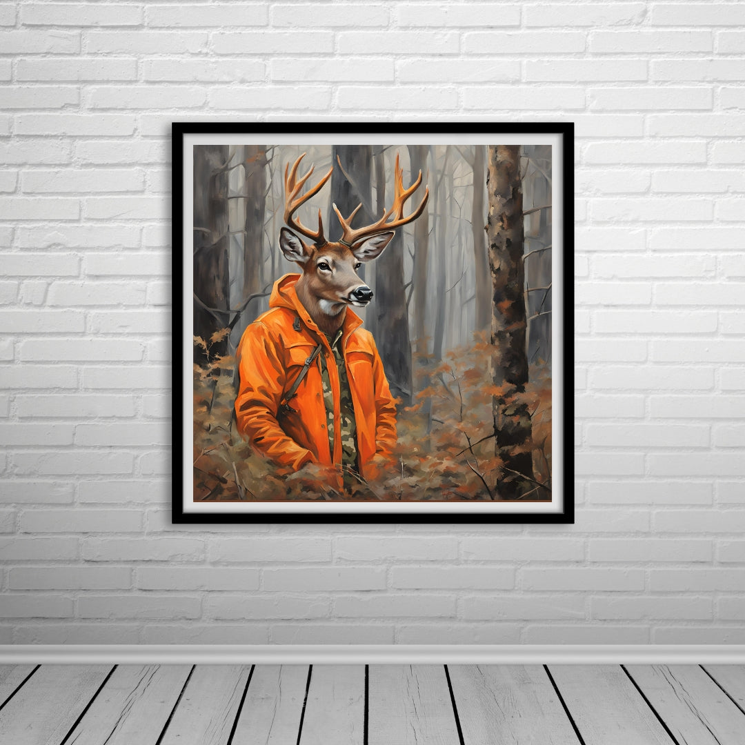 a painting of a deer wearing an orange jacket