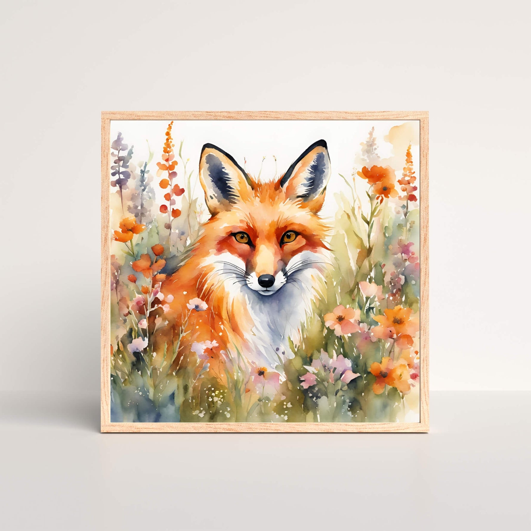 Framed Watercolor Art Print of a Fox in a Field of Flowers