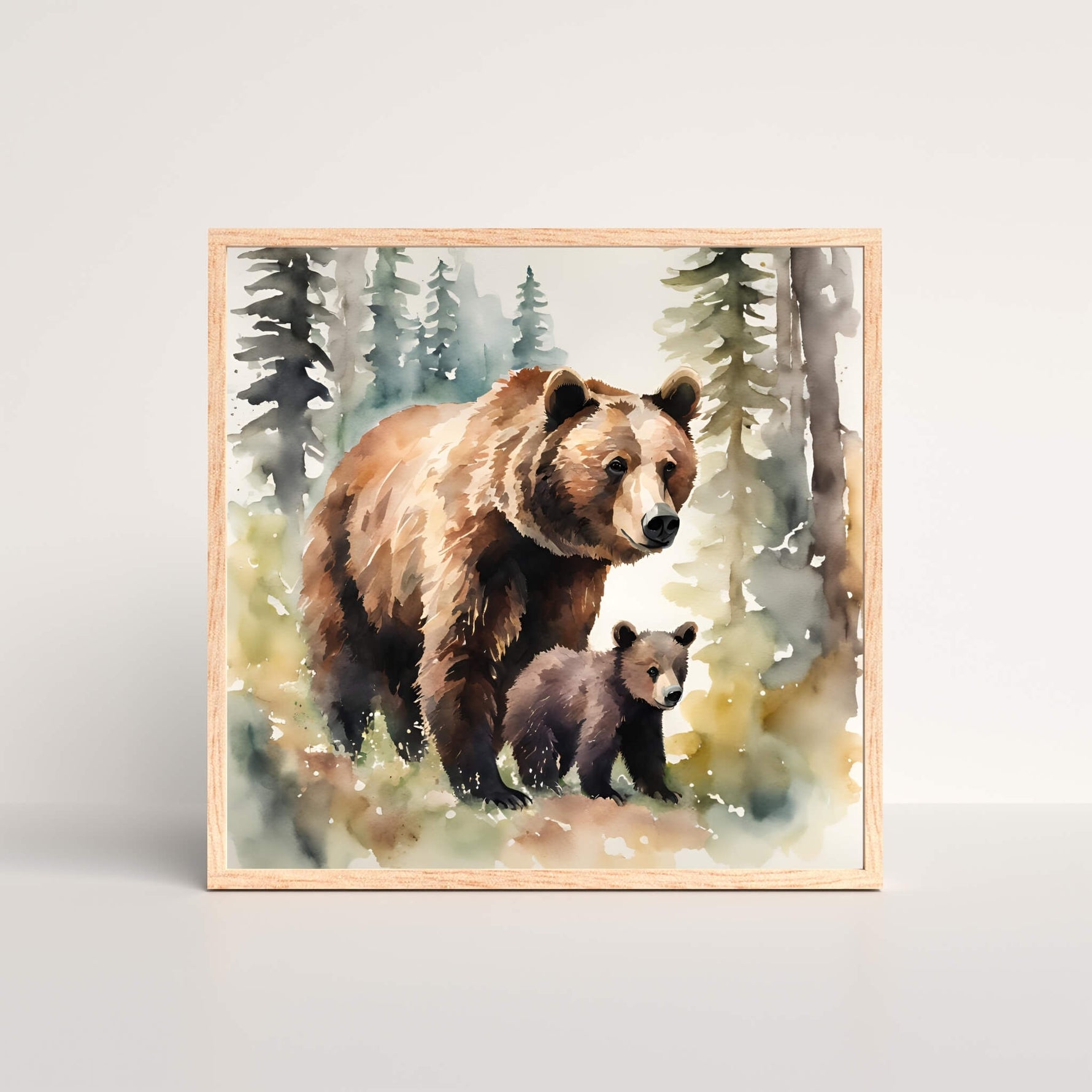 a watercolor framed art print of a mama and baby bear walking through the woods