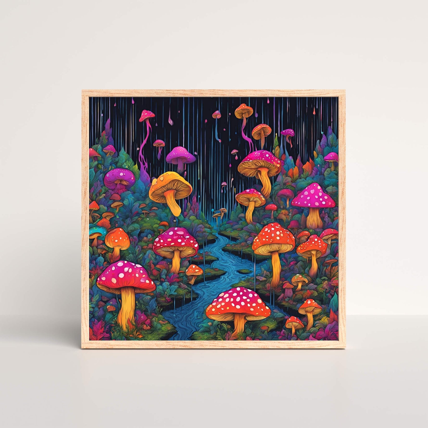 Psychedelic Mushroom Rain Art Print in a oak picture frame