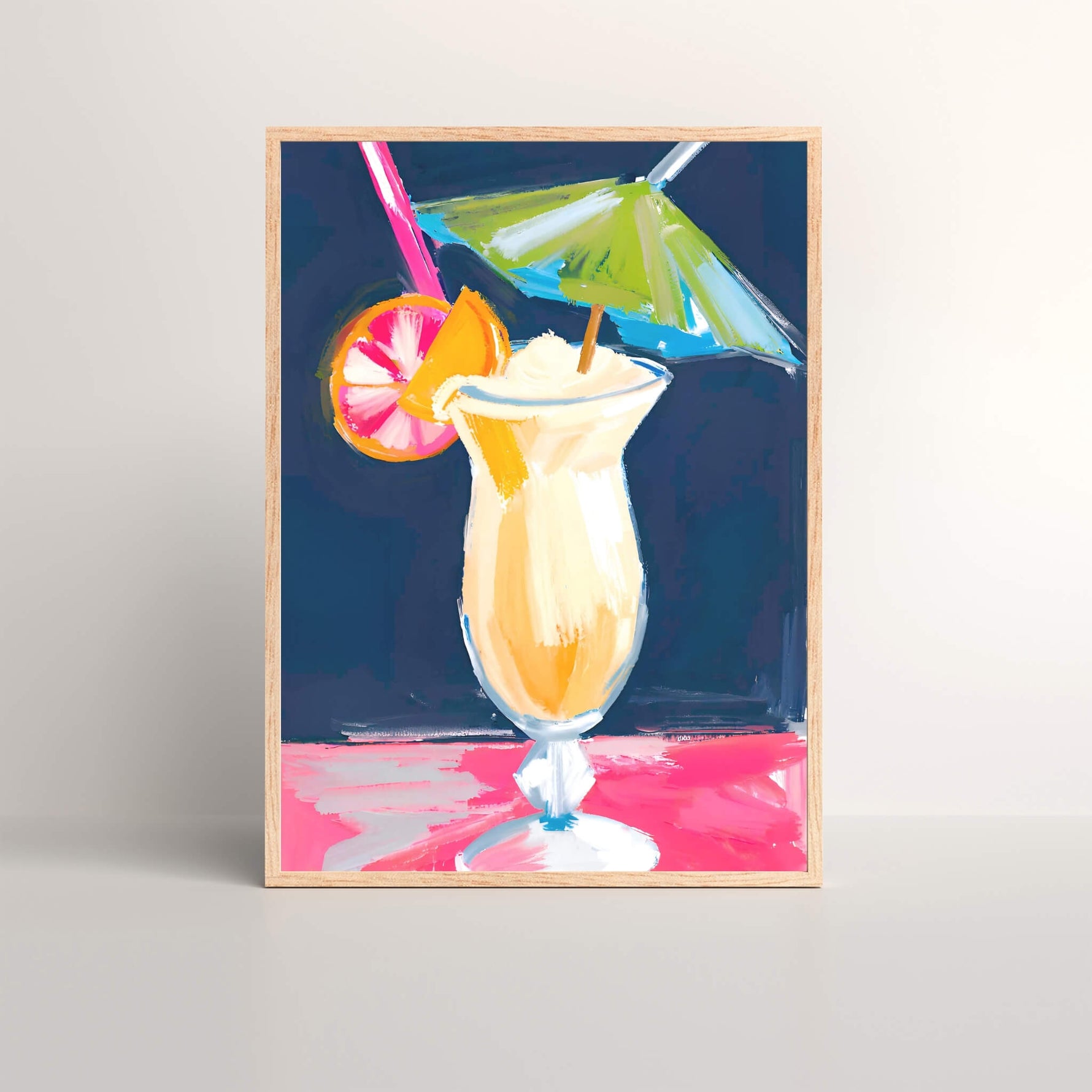 a coloful, vibrant and tropical framed wall art print of a painting of a pina colada with a tiki straw