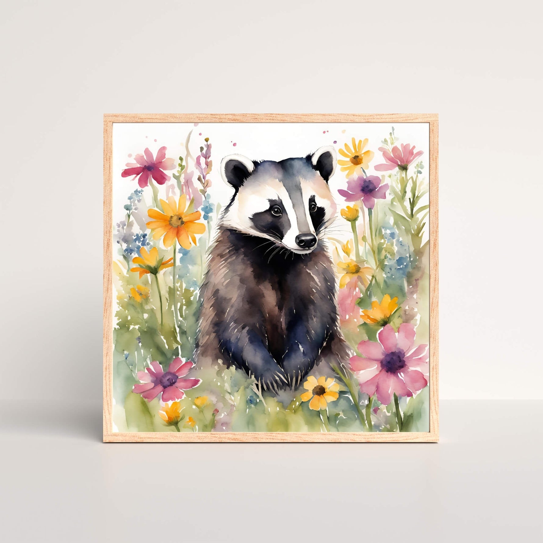 a watercolor painting of a badger in a field of colorful flowers framed art print
