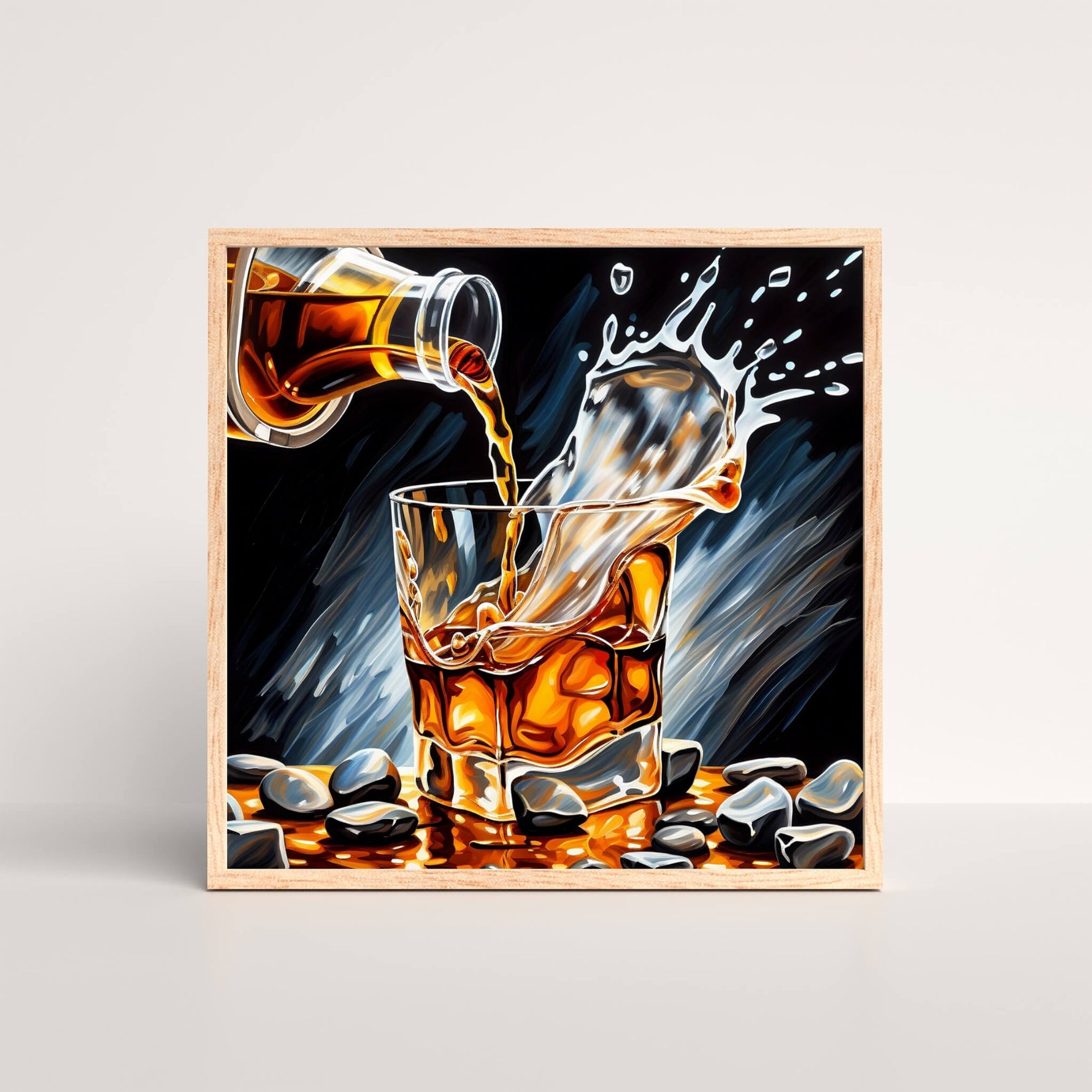 modern whiskey on the rocks digital art print in a oak frame