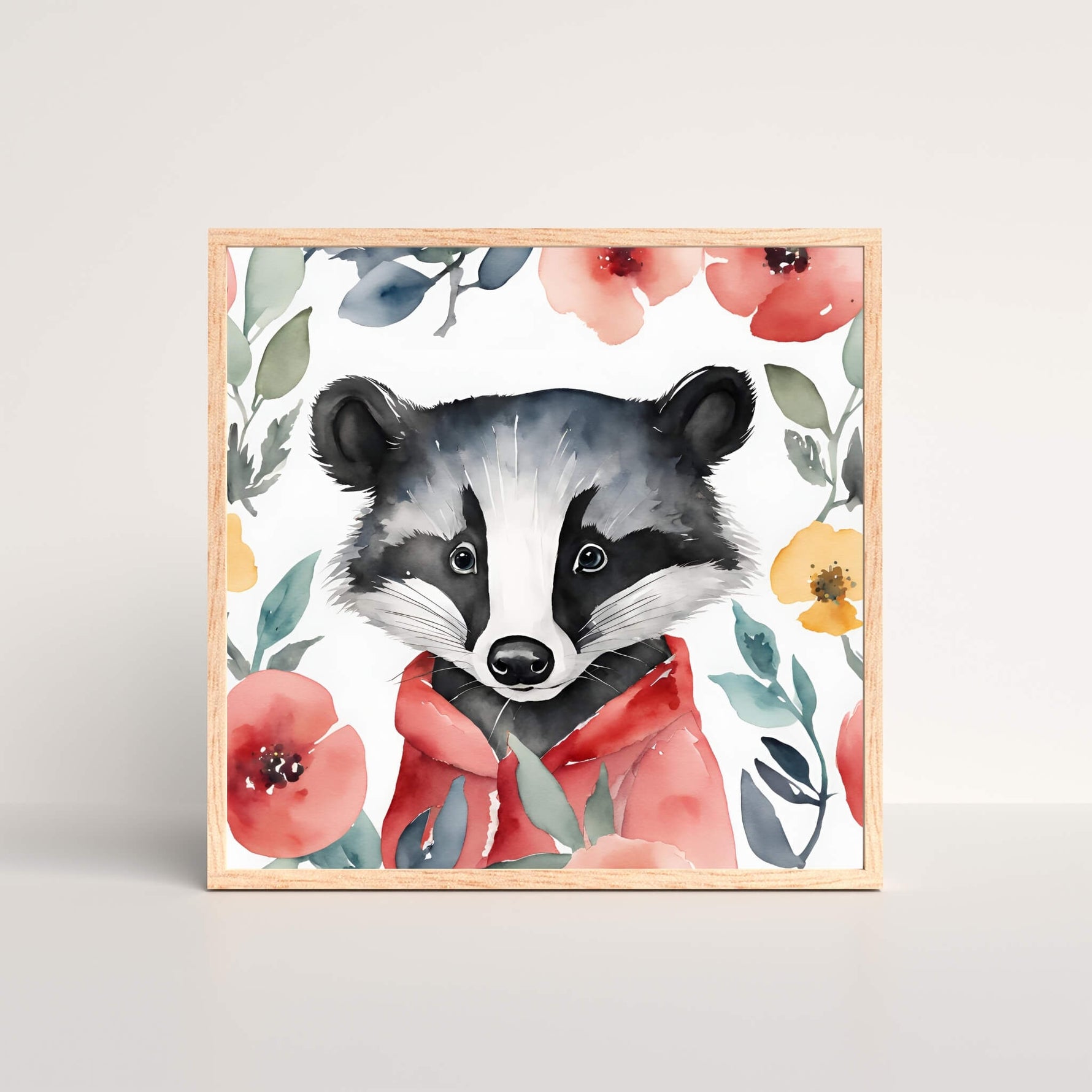 an art print of watercolor painting featuring a Wisconsin Badger with a floral border in a oak picture frame