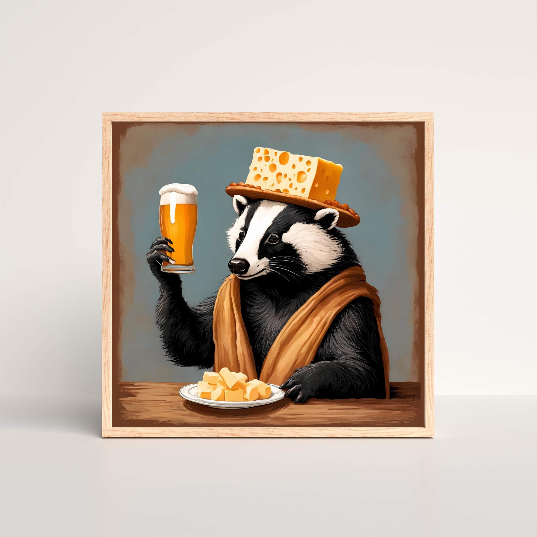 a wisconsin badger holding a glass of beer and wearing a cheesehead sitting behind a plate of cheesecurds at a able art print in an oak frame