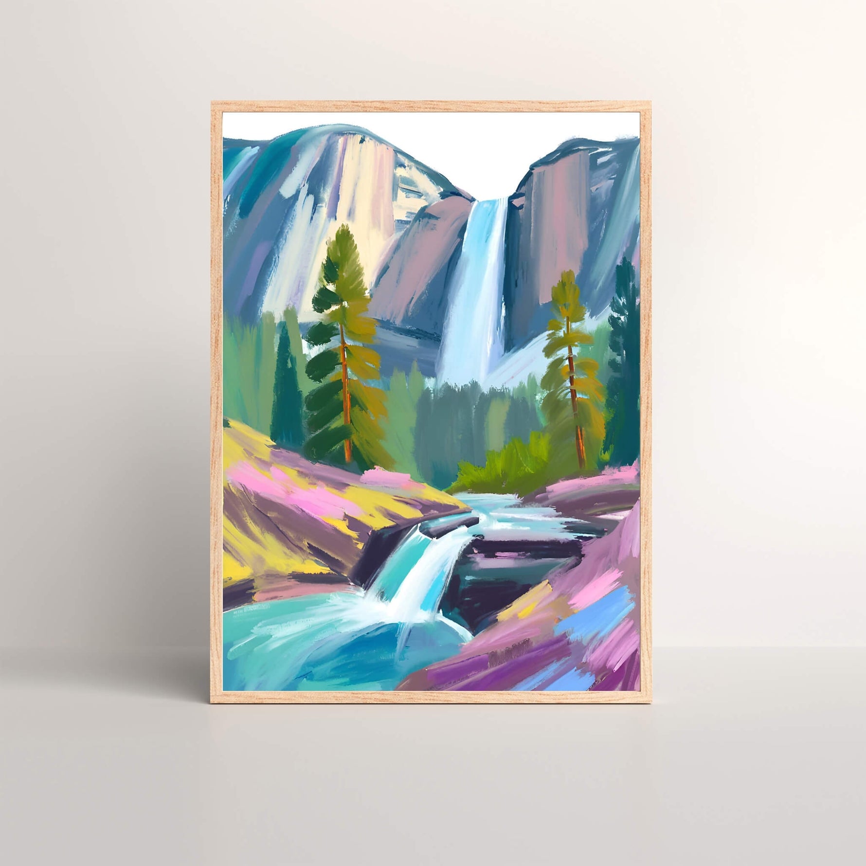 an art print of a painting of Yosemite National Park in an oak wood frame