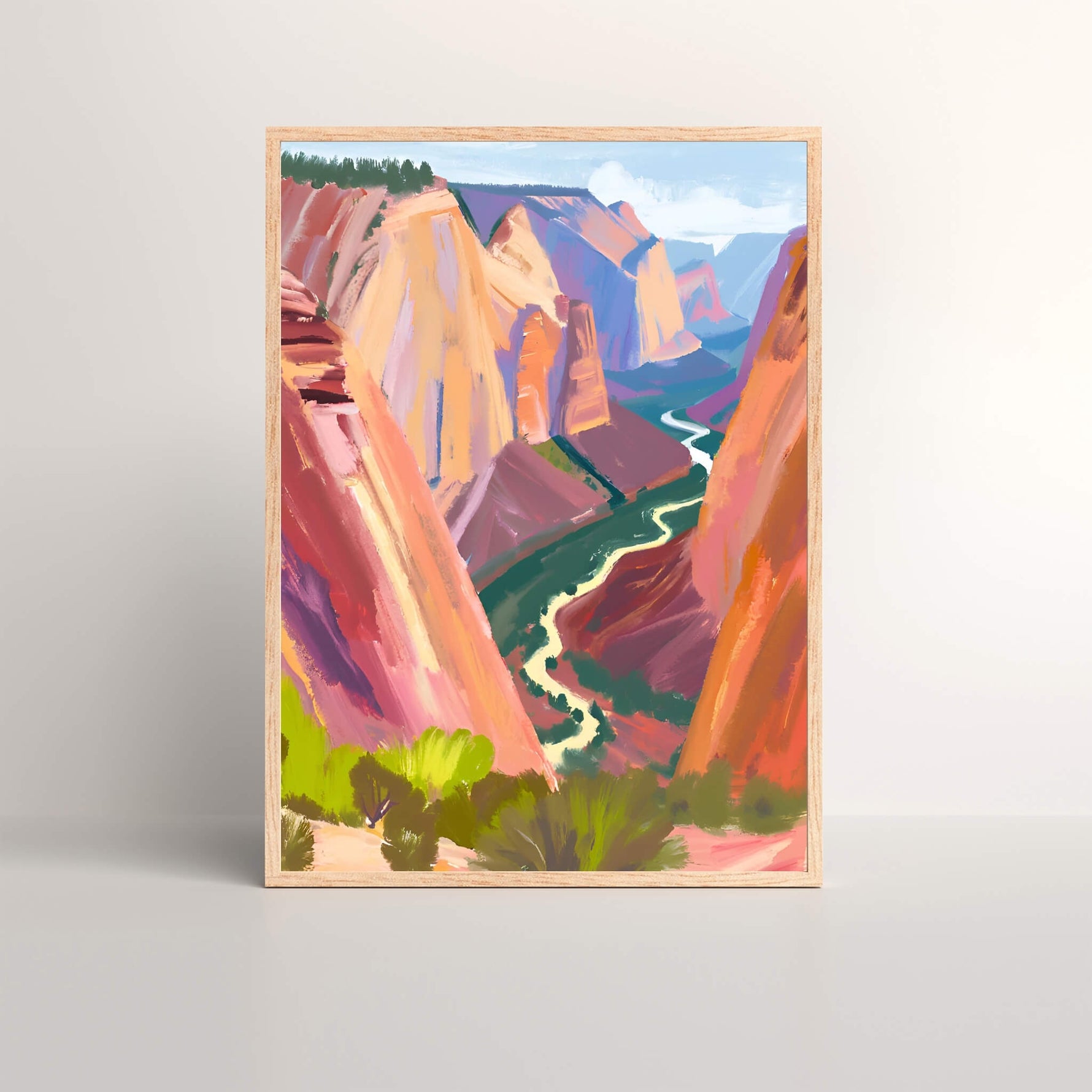 an wall art print of a acrylic oil painting of Angles Landing at Zion National Park in a oak frame