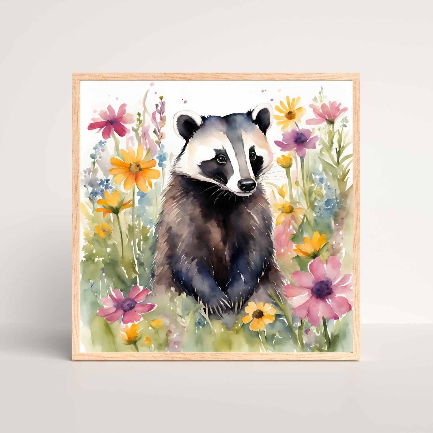 a painting of a badger in a field of flowers