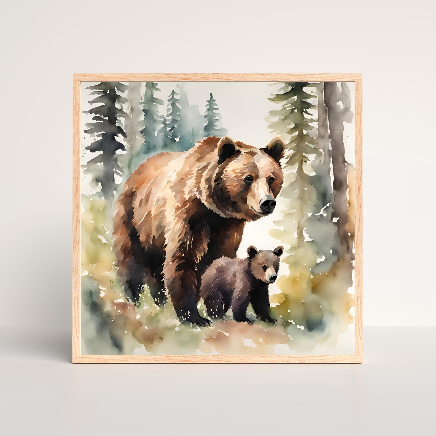 Art Print watercolor of a mama bear walking with its baby bear through the woods in a oak picture frame sitting on beige table