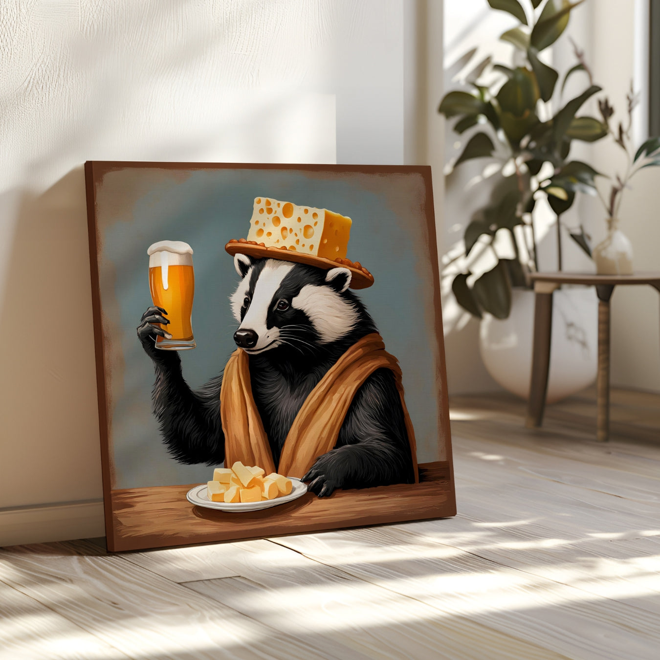 A Gallery Wrapped Canvas art print of a badger holding a glass of beer, wearing a cheesehead hat and sitting behind a plate of cheese curds.