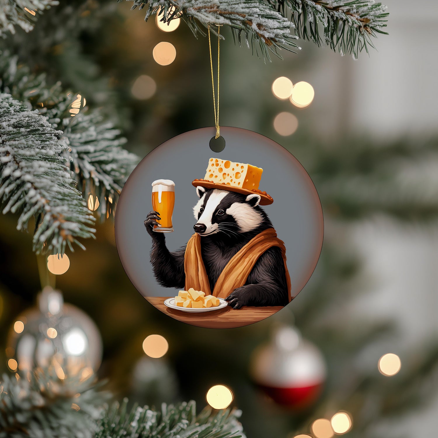 a christmas ornament with a raccoon holding a glass of beer