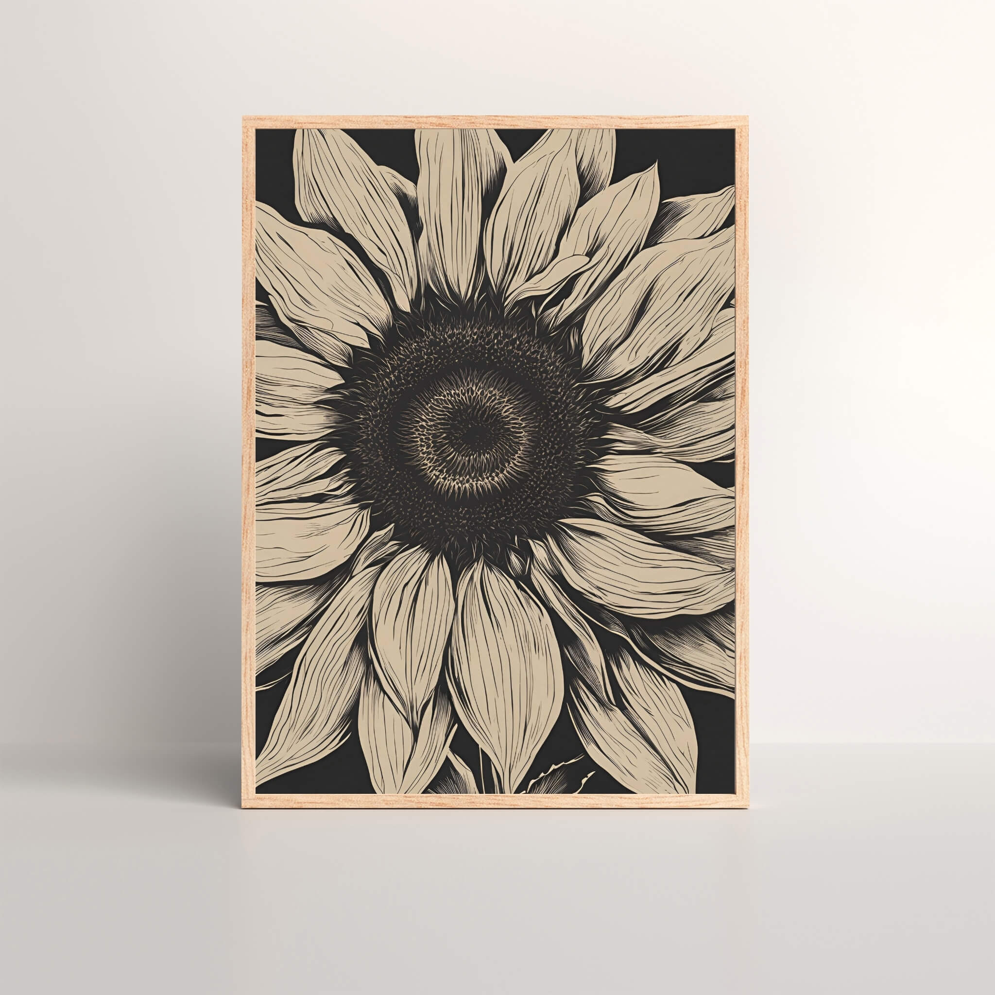 Botanical Prints collection featuring a detailed, minimalist art print of a sunflower with intricate petal designs in black and beige tones, perfect for modern home decor.