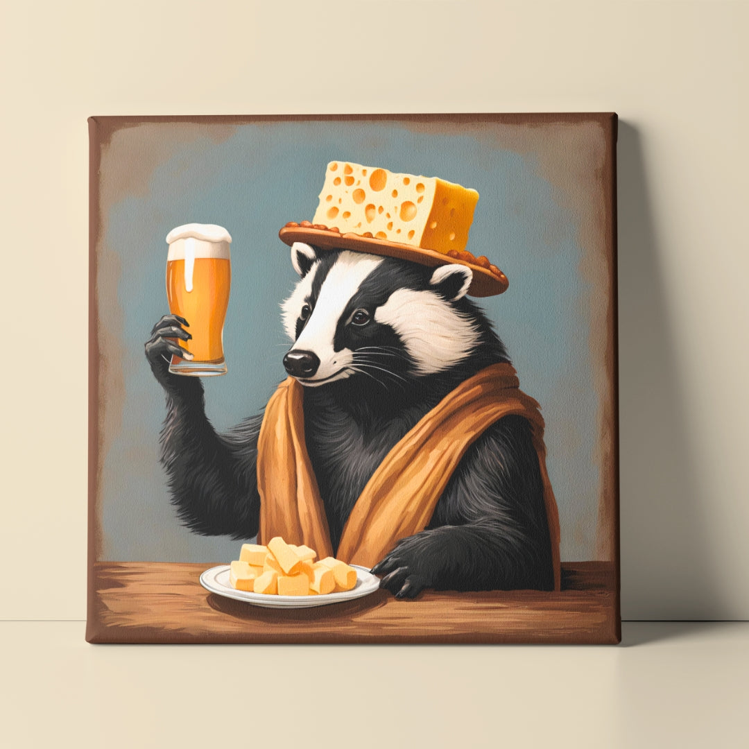 A gallery wrapped canvas of a badger wearing a cheese head hat holding a glass of beer leaning up against a wall