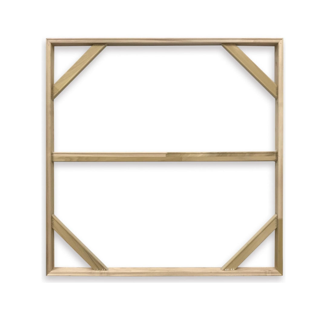a wooden stretcher bar frame with a white background