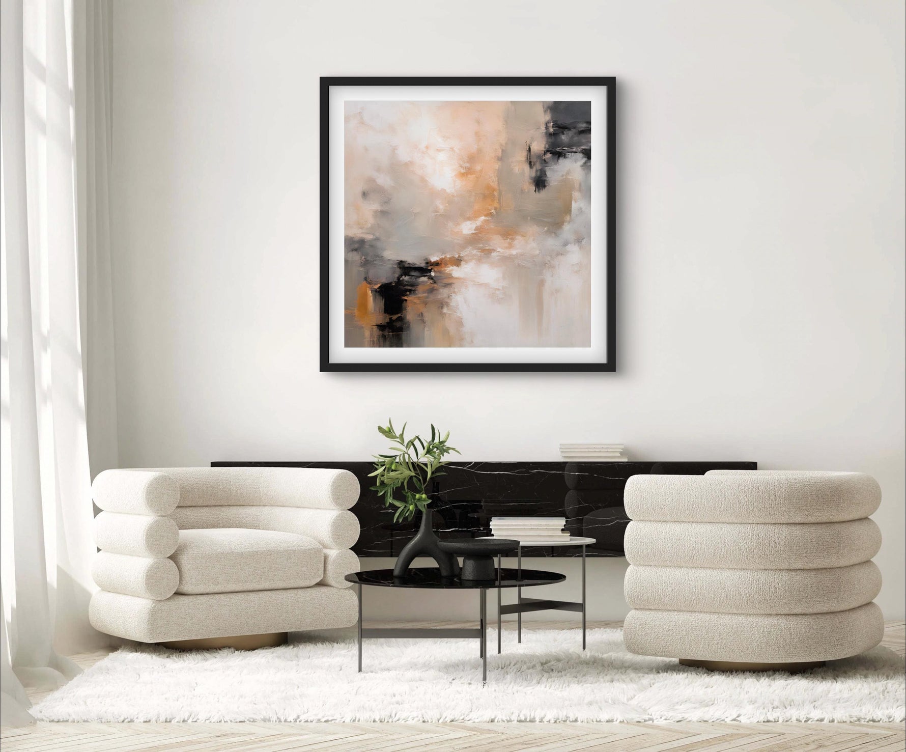 a living room with white furniture and a painting on the wall