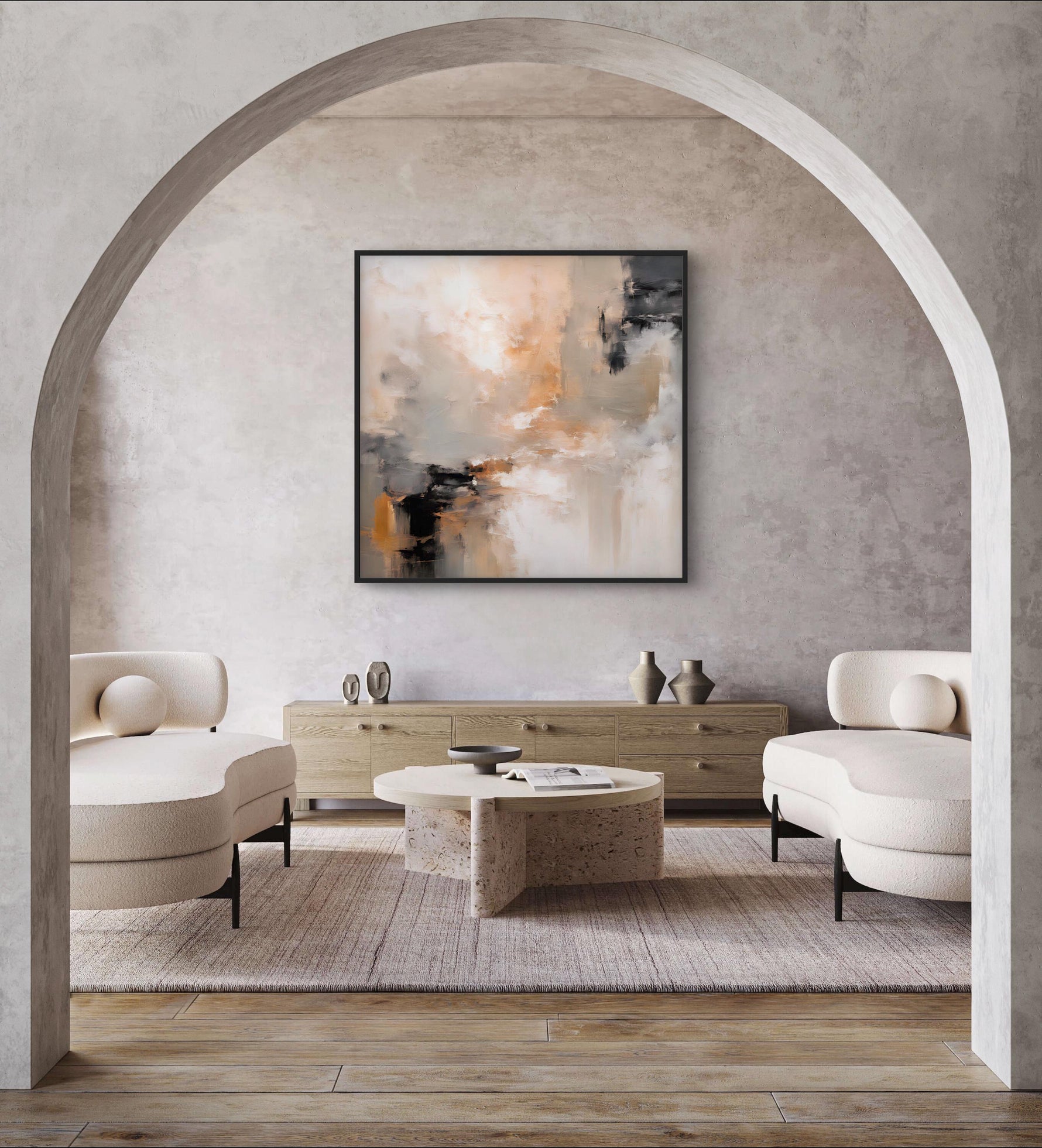 a living room with a large painting on the wall
