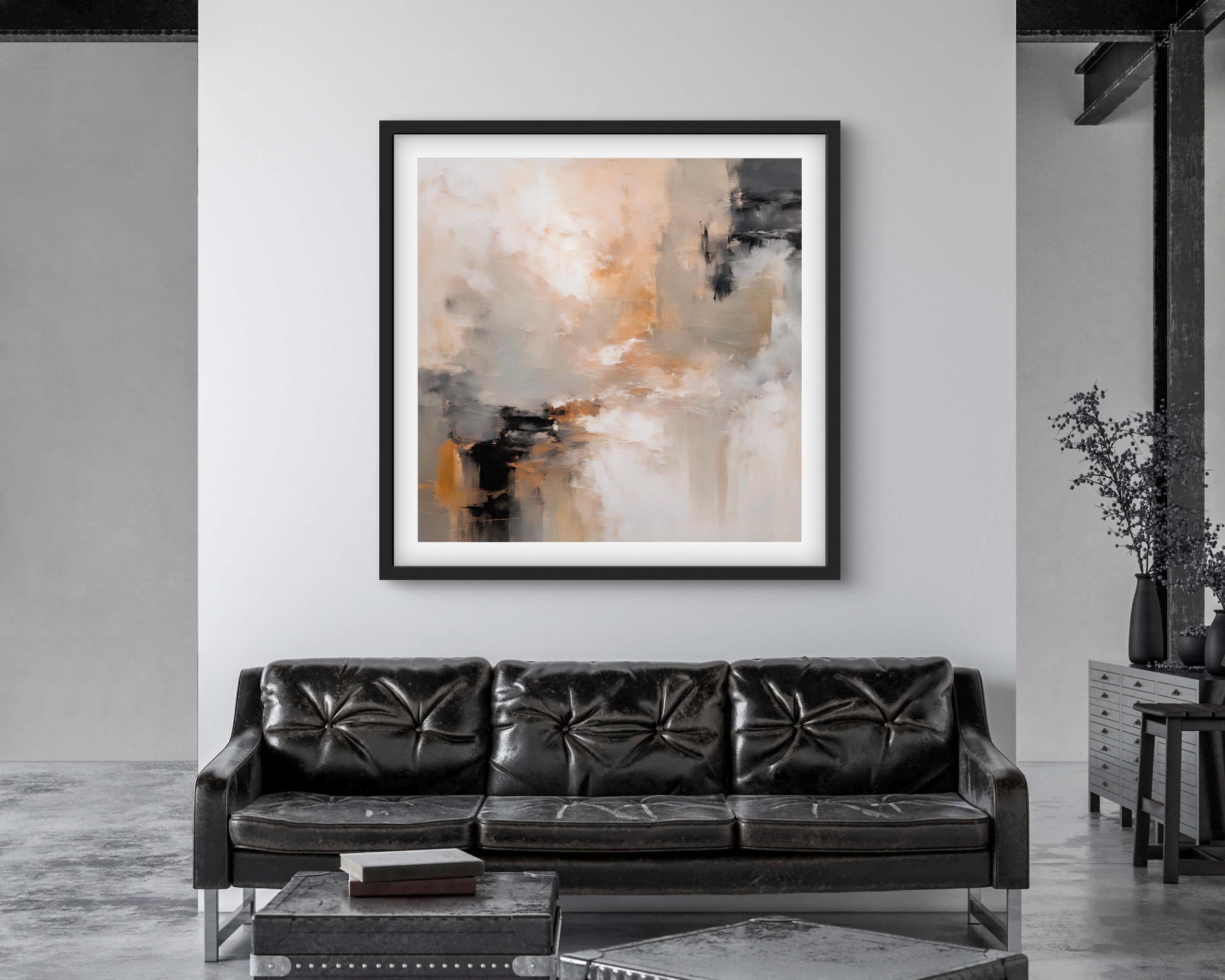 a living room with a couch and an abstract contemporary art print on the wall