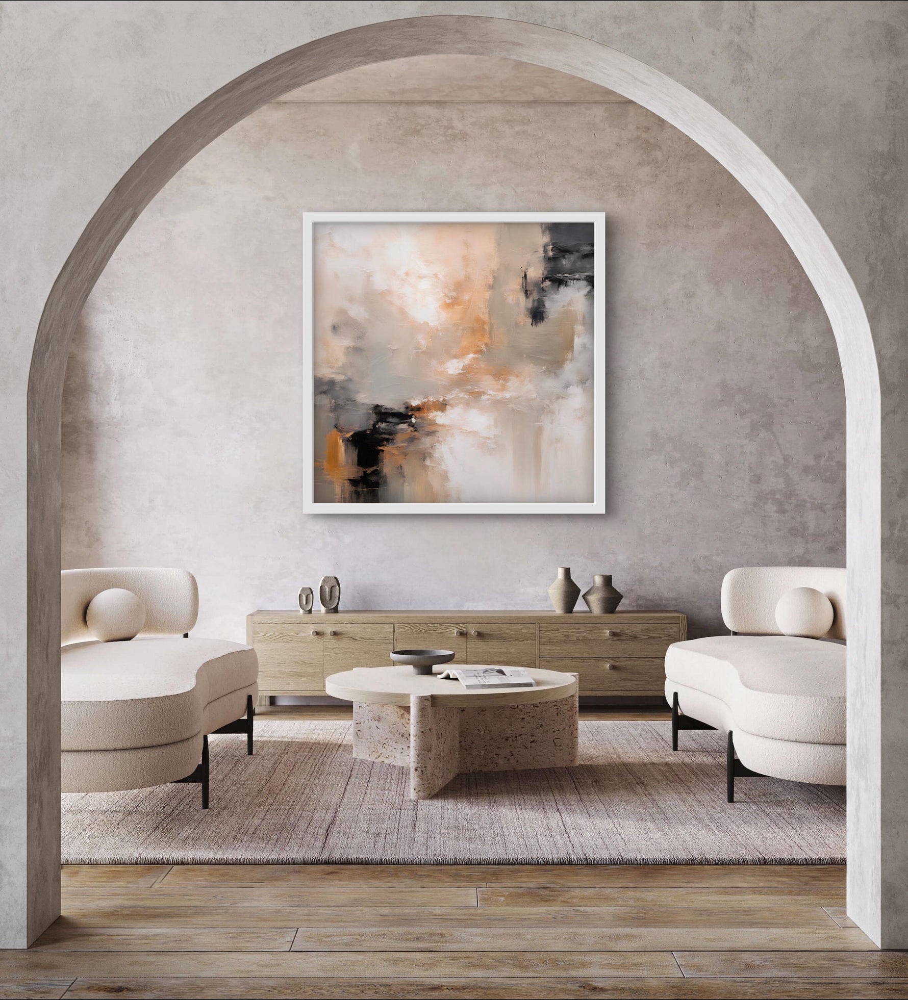 a living room filled with furniture and a painting on the wall