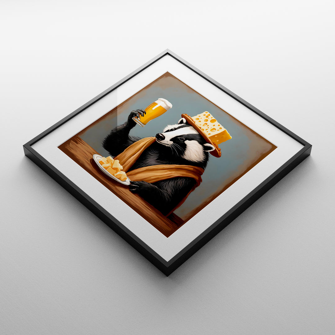 Black Framed Art Print of a badger wearing a cheesehead hat raising a glass of beer laying flat on a table
