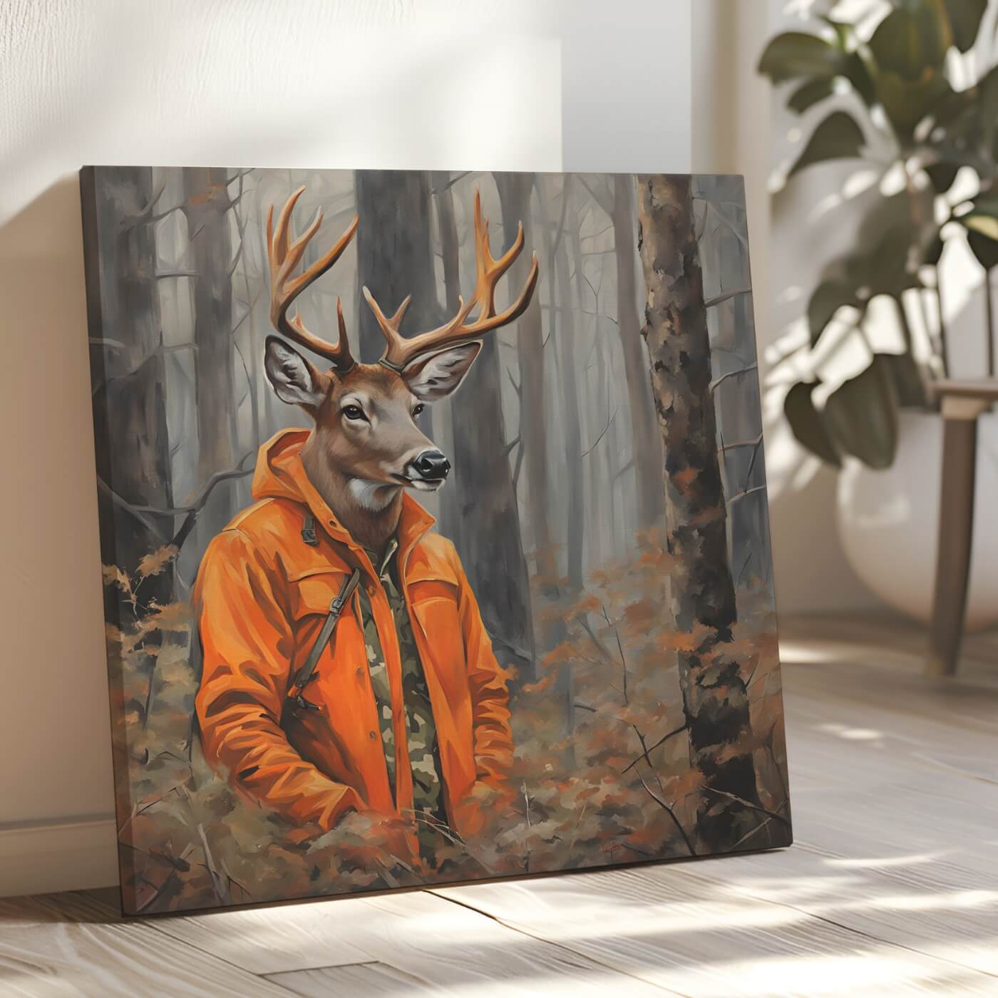 a painting of a deer wearing an orange jacket