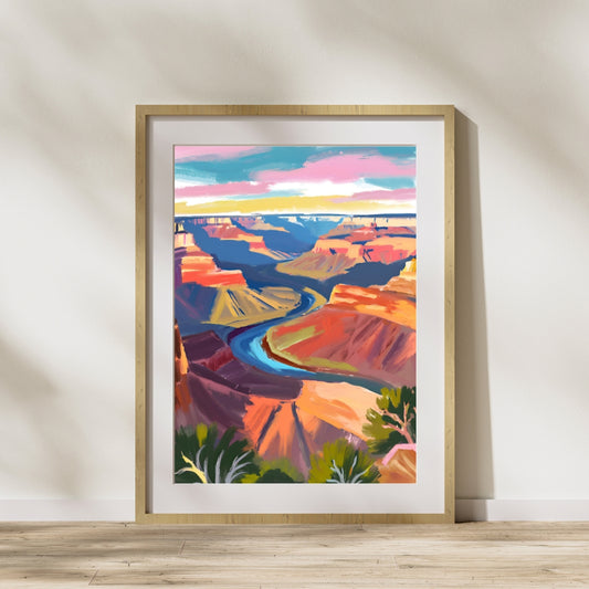 a painting of a canyon with a river running through it