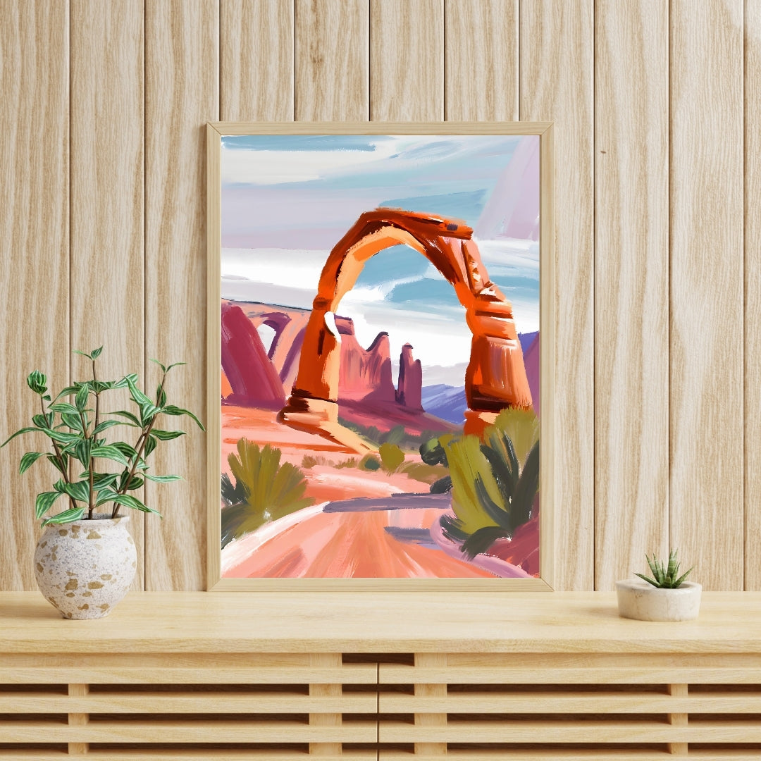 a painting of an arch in the desert