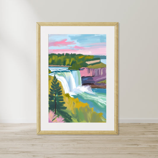 a painting of a waterfall in a frame