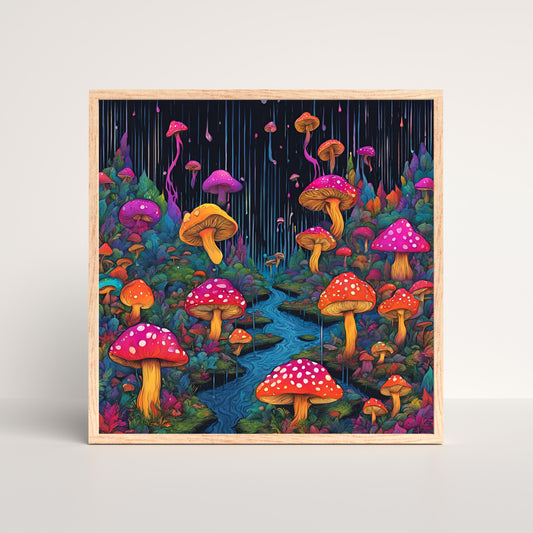 Pyschedelic Mushroom Rain Art Print in a oak picture frame