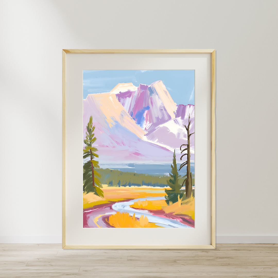 a painting of a mountain with a river running through it