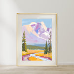 a painting of a mountain with a river running through it