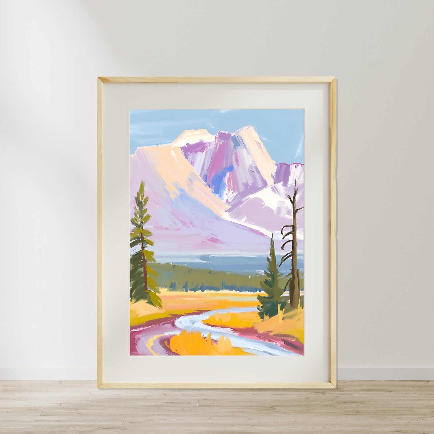 a painting of a mountain with a river running through it