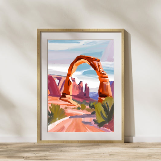 a painting of an arch in the desert