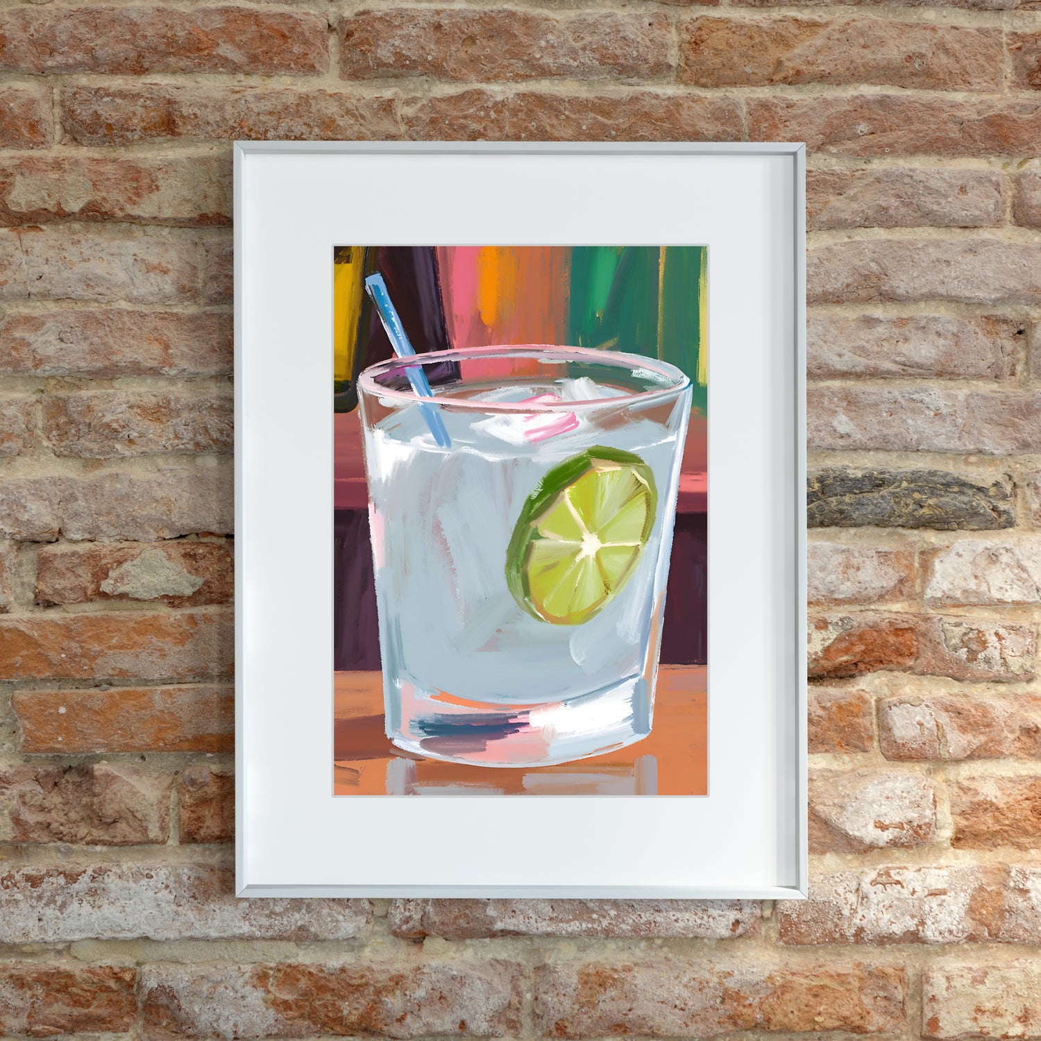 a painting of a gin and tonic with a lime