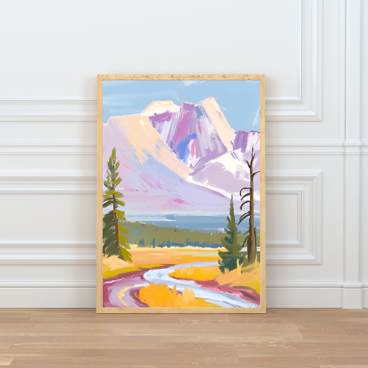 a painting of a mountain landscape with a river running through it