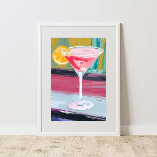 a painting of a pink drink with a slice of lemon