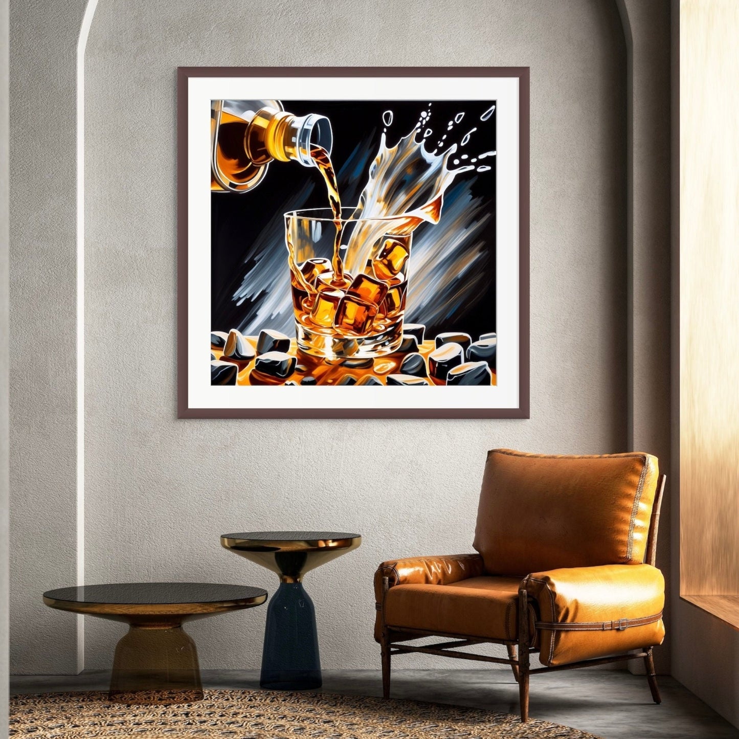 Whiskey on the Rocks Fine Art Giclee Print with a white mat in a large 40&quot; x 40&quot;  dark walnut picture frame. Hanging on a wall above a chair, two tables and a rug.