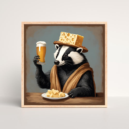 Fine Art Print of a badger wearing a cheesehead drinking a beer. 