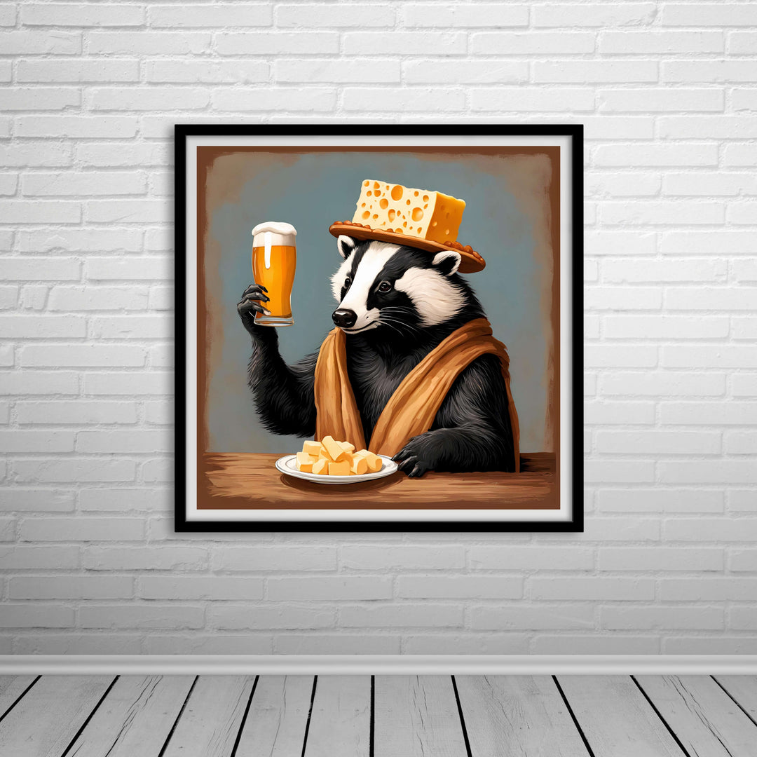 Wisconsin Cheesehead Badger Framed Art Print in a Matte Black Picture Frame hanging on a white brick wall