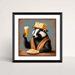 art print of a badger wearing a cheesehead hat and raising a beer glass, framed in a 1 15/16 inch matte black 36x36 inch picture frame with a 3 inch chalk white mat, displayed on a beige floor.