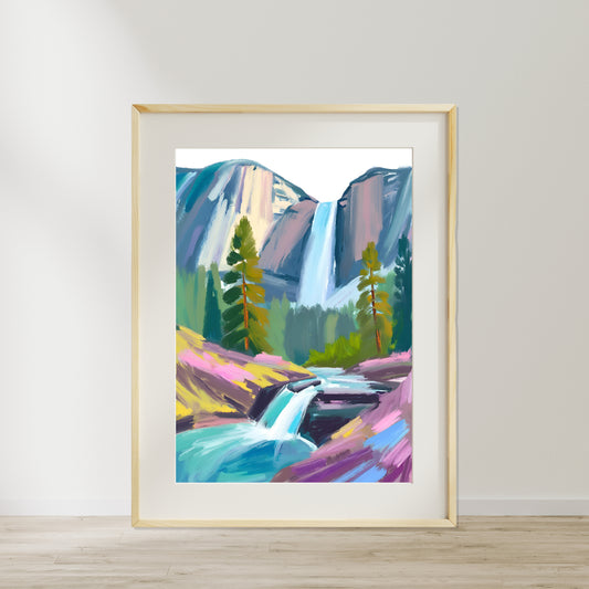 a painting of a waterfall in the mountains