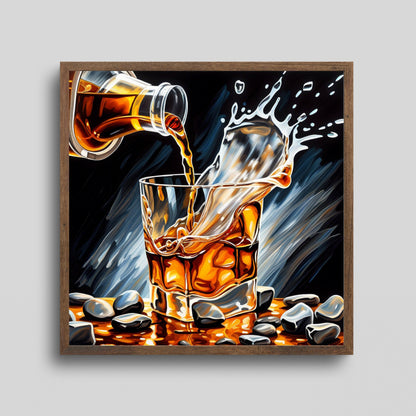 Whiskey on the Rocks fine art giclee borderless print in a walnut picture frame, hanging on a gray wall.