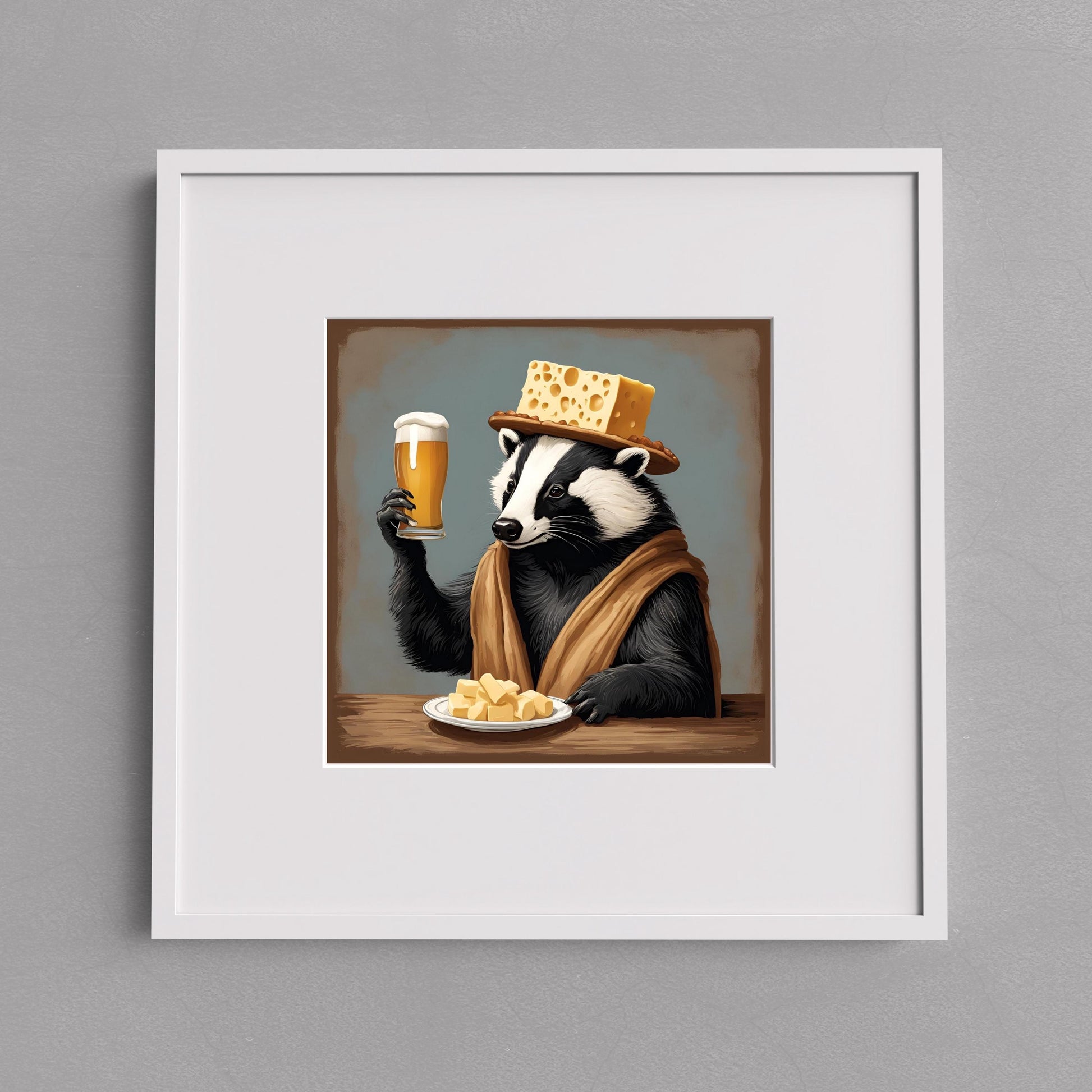 a painting of a badger holding a glass of beer