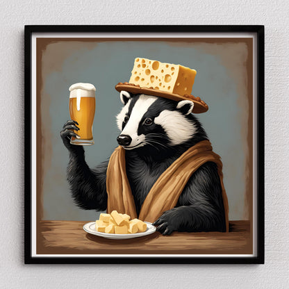 a painting of a badger holding a glass of beer and a plate of