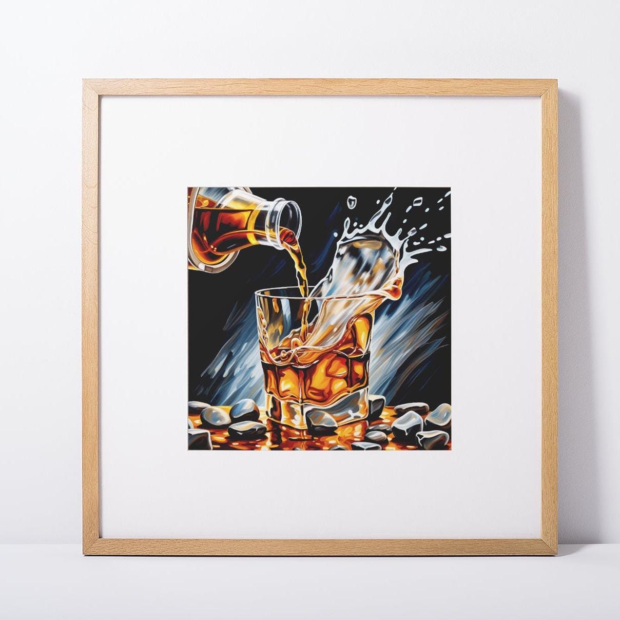 Whiskey on the Rocks Fine Art Giclee Print matted in a 8&quot; x 8&quot;  light oak picture frame. Frame is sitting on the floor leaning against a white wall.