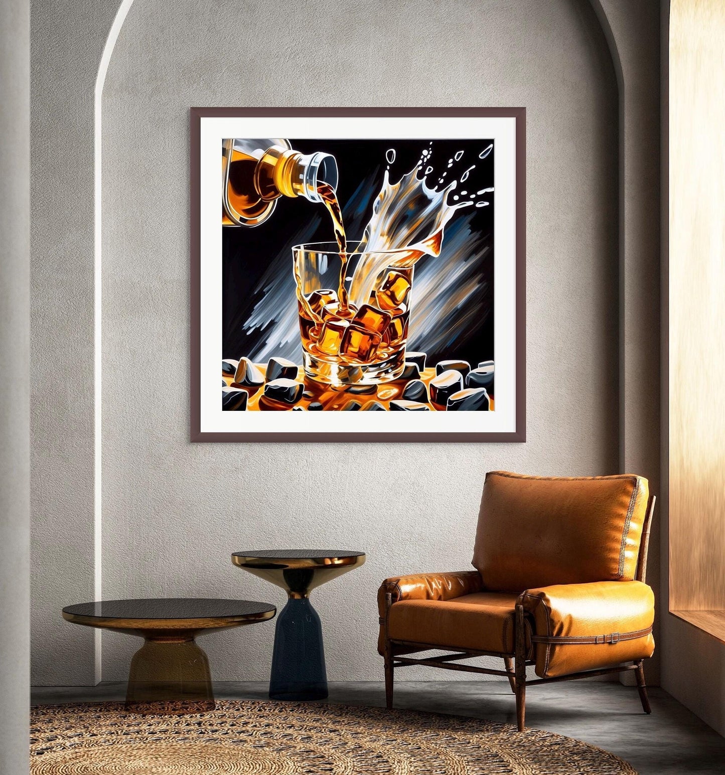 Whiskey on the Rocks Fine Art Giclee Print matted in a large 40&quot; x 40&quot;  dark walnut picture frame,  hanging on a wall above a chair, two tables and a rug with lighting shining through a window close by.