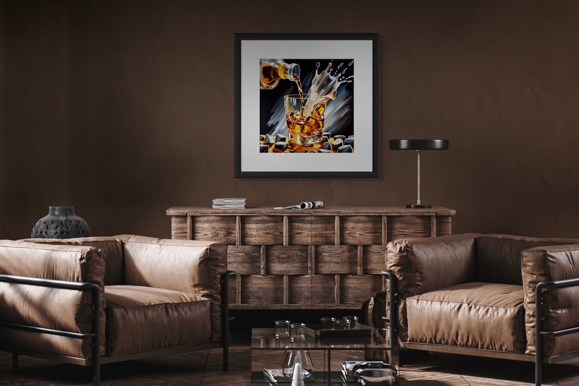 Whiskey on the Rocks Fine Art Giclee Print, with a white mat, in a 30&quot; x 30&quot;  black picture frame. Hanging on a brown wall in a living room over a crendeza, behind two chairs.