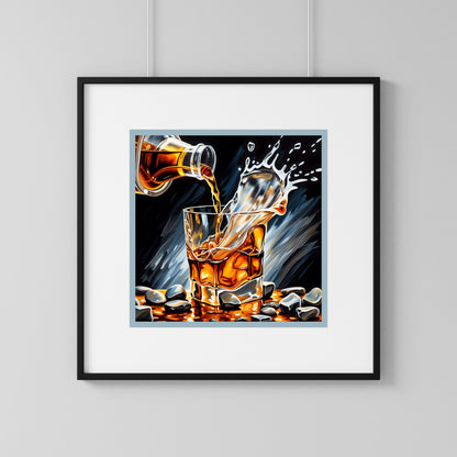 Whiskey on the Rocks Fine Art Giclee Print double matted in a thin black picture frame. The frame is suspended from the ceiling on two wires hanging in front of a white wall.